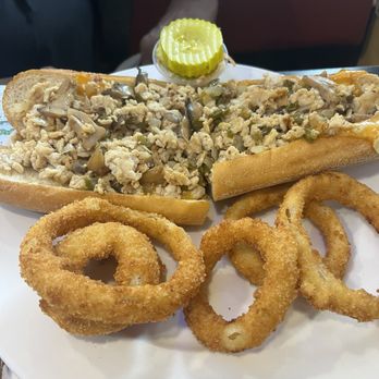 Falcon Diner - Chicken Philly Cheese Steak with Onion Rings - Diners Near Me - Brooklawn, New Jersey Falcon Diner - Chicken Philly Cheese Steak with Onion Rings - Diners Near Me - Brooklawn, New Jersey