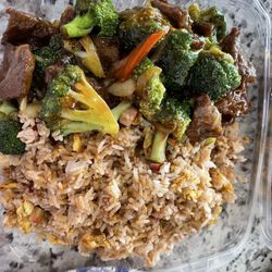Broccoli beef and bbq pork fried rice