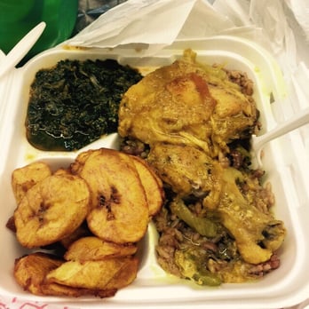Afrodish Restaurant - Curry chicken, rice/peas, spicy spinach, and plantains - Caribbean Near Me - Atlanta, Georgia