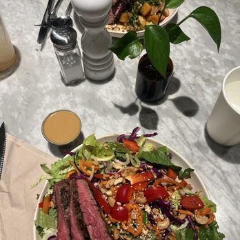 Flower Child - Miso crunch salad with steak and steak entree with cauliflower risotto and maple butternut squash - Salad Near Me - Boulder, Colorado
