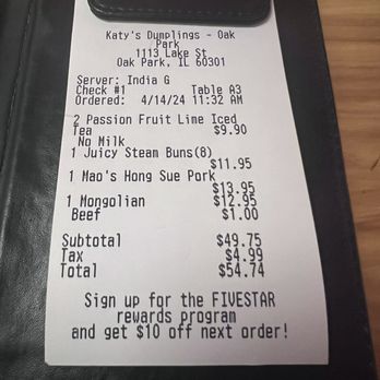 Katy's Dumpling - Oak Park - Our tab for two people - Noodles Near Me - Oak Park, Illinois