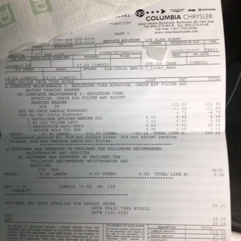 Columbia Chrysler - Bill for oil change - Car Dealers Near Me - Richmond, British Columbia Columbia Chrysler - Bill for oil change - Car Dealers Near Me - Richmond, British Columbia