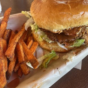 Colt Grill - Spicy chicken sandwich and sweet potato fries - Barbeque Near Me - Sedona, Arizona Colt Grill - Spicy chicken sandwich and sweet potato fries - Barbeque Near Me - Sedona, Arizona