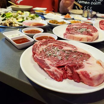 Mr BBQ - Ribeye steaks and veggies on the grill. - Korean Near Me - Fullerton, California