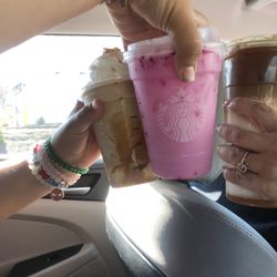 Starbucks - Mango dragonfruit refresher with coconut milk  Carmel Caramel Macchiato Carmel Caramel Frappuccino Blended Coffee