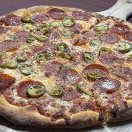 Pepperoni and Jalapeno pizza. Well done. Pepperoni and Jalapeno pizza. Well done.