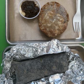 Mercado Sin Nombre - Blue corn biscuit with jam and butter and pork burrito - Mexican Near Me - Austin, Texas