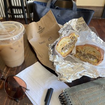 Cafe Walnut - Latte with oat milk and breakfast sandwich - Salad Near Me - Philadelphia, Pennsylvania