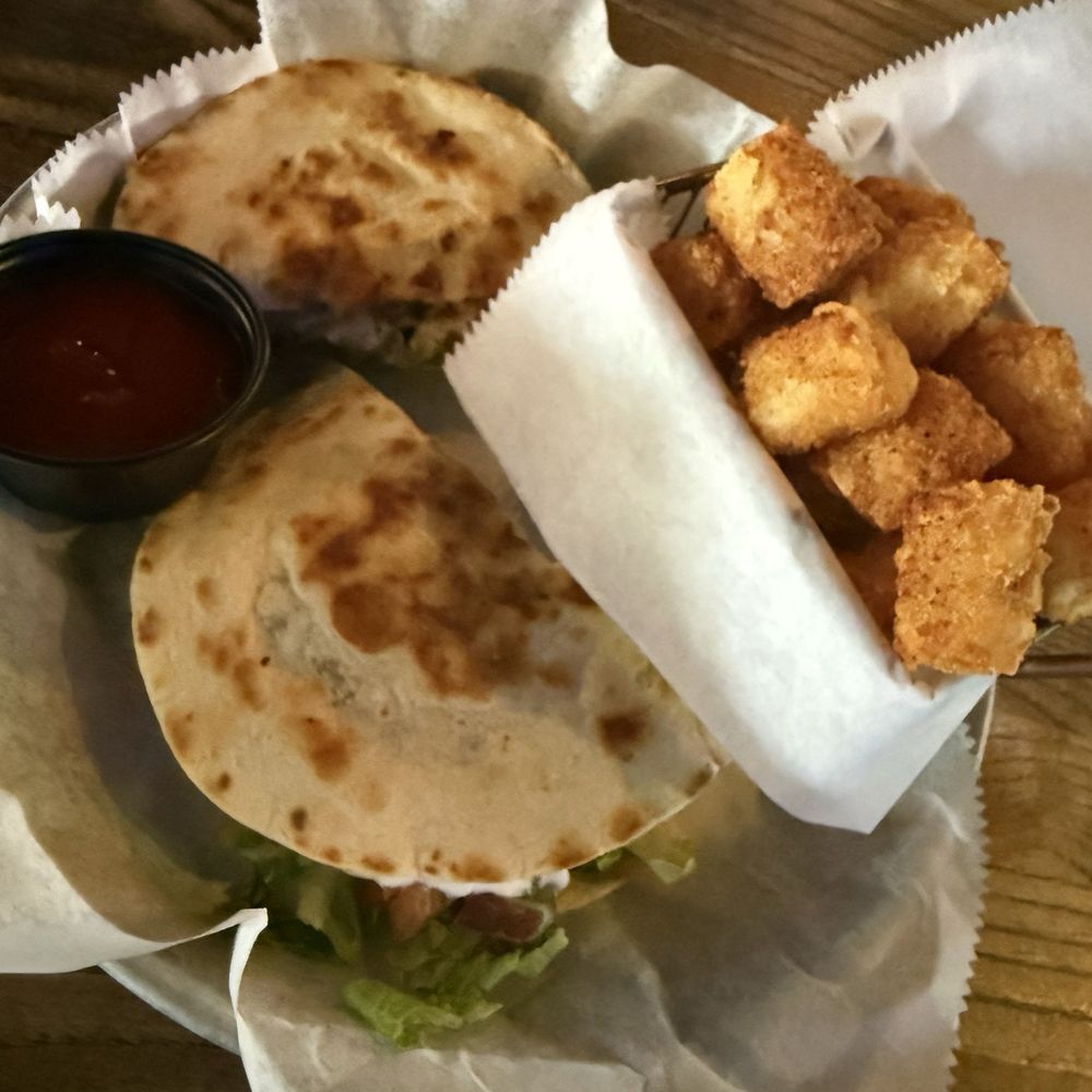 Quesadilla burger with a side of tots Quesadilla burger with a side of tots