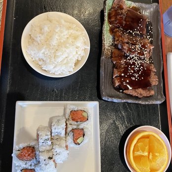 Shiki Sushi - Lunch 2 Item Bento Combination- spicy tuna sushi and teriyaki chicken (had too much sauce) - Sushi Bars Near Me - Studio City, California
