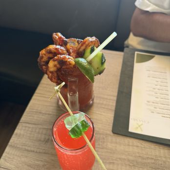Casa Mia - Michelada with shrimp and strawberry bellini - American Near Me - San Jose, California