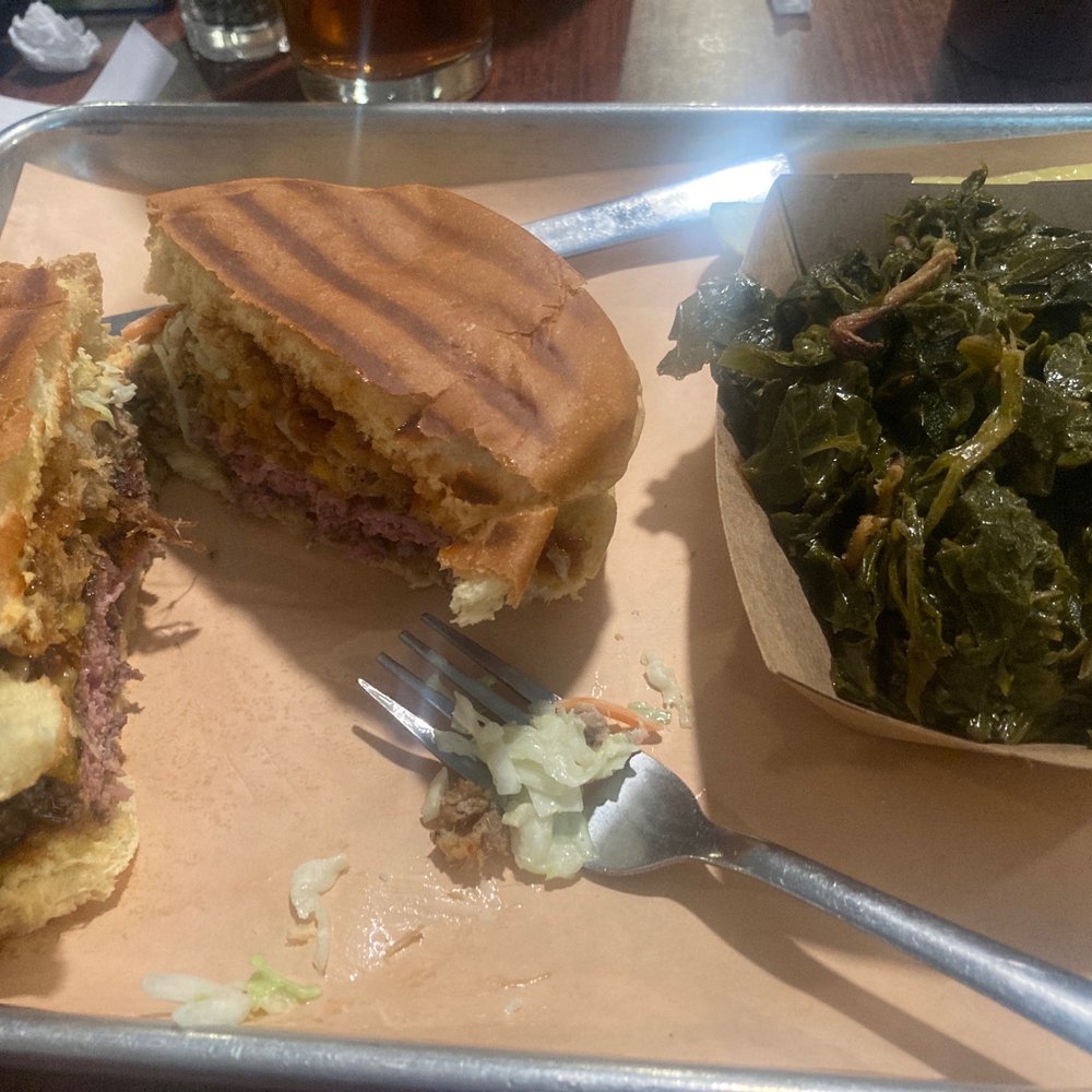 Two Drummers Smokehouse - Smokehouse Burger with BBQ, fried onions, coleslaw and sauce - Barbeque Near Me - Toano, Virginia Two Drummers Smokehouse - Smokehouse Burger with BBQ, fried onions, coleslaw and sauce - Barbeque Near Me - Toano, Virginia