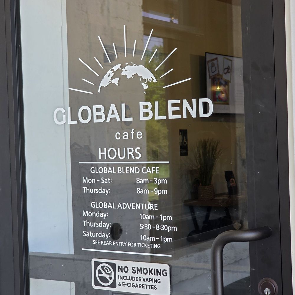 Global Blend Cafe - Their Hours of Operation engraved in the glass of its front door entrance. - Cafes Near Me - Roanoke, Virginia Global Blend Cafe - Their Hours of Operation engraved in the glass of its front door entrance. - Cafes Near Me - Roanoke, Virginia