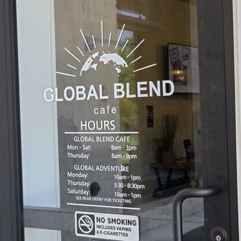 Global Blend Cafe - Their Hours of Operation engraved in the glass of its front door entrance. - Cafes Near Me - Roanoke, Virginia