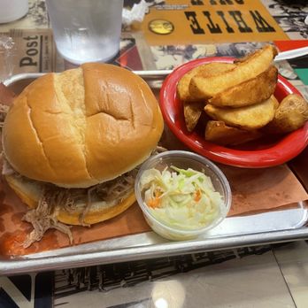 Railroad Bbq - Pulled Pork Sandwich with Potato Wedges - Barbeque Near Me - Columbia, South Carolina