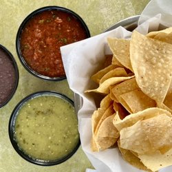 Salsa Tex Mex - Chips with 3 dips - red salsa picante, spicy green tomatillo salsa, & puréed black beans