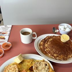 Kenny's Pit Stop - Farmers omelette with home fries, and an English muffin. Short stack of buttermilk, pancakes, and hot coffee.