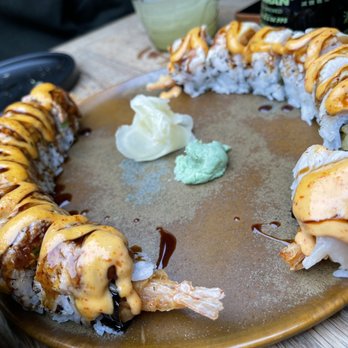 Toro - Albacore roll on the right and the Carmel on the left - next time we will request light on the sauce. - Sushi Bars Near Me - Carmel, California Toro - Albacore roll on the right and the Carmel on the left - next time we will request light on the sauce. - Sushi Bars Near Me - Carmel, California