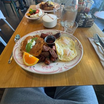 Plain Jane - Jane's plate with Scallion Bacon Gorgonzola Pancake, 2 eggs, potatoes, and Andouille Sausage. - Breakfast & Brunch Near Me - San Francisco, California Plain Jane - Jane's plate with Scallion Bacon Gorgonzola Pancake, 2 eggs, potatoes, and Andouille Sausage. - Breakfast & Brunch Near Me - San Francisco, California