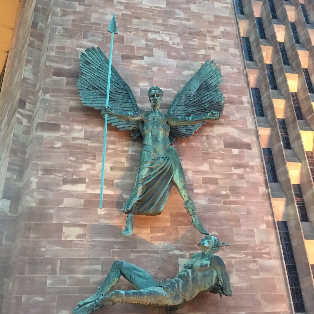 Coventry Cathedral - The Angel & Devil sculpture in the front of the Cathedral - Churches Near Me - Coventry, XWM Coventry Cathedral - The Angel & Devil sculpture in the front of the Cathedral - Churches Near Me - Coventry, XWM