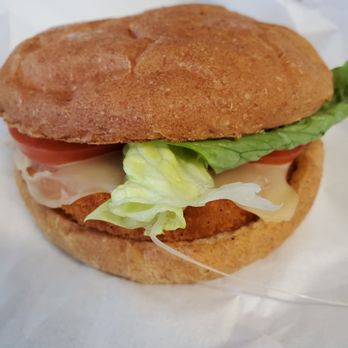 Katie's Cafe - Chicken burger! With tomato,  lettuce, cheese & honey mustard - Restaurants Near Me - Portland, Oregon