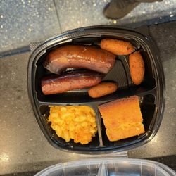 Brookwood Farms Carolina Pit BBQ - Sausage with Mac & Cheese, hush puppies, and cornbread