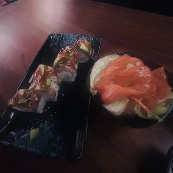 Sushi Monster - Dragon roll and salmon salad - Sushi Bars Near Me - Poway, California Sushi Monster - Dragon roll and salmon salad - Sushi Bars Near Me - Poway, California