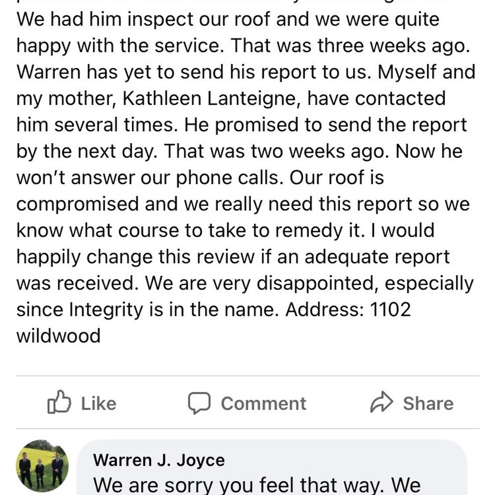 Integrity Exteriors - Review left on Facebook and Integrity Exterior's owner response. - Roofing Near Me - Little River, South Carolina Integrity Exteriors - Review left on Facebook and Integrity Exterior's owner response. - Roofing Near Me - Little River, South Carolina