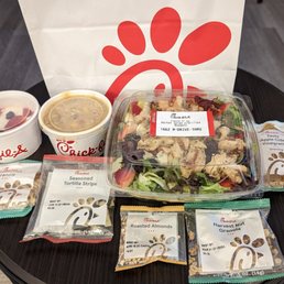 Market salad with grilled nuggets, Greek yogurt parfait with granola, cup of chicken tortilla soup Market salad with grilled nuggets, Greek yogurt parfait with granola, cup of chicken tortilla soup