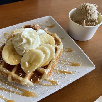Cafe Hue - Caramel Banana and Cream Belgian Liege Waffle with Coffee Gelato on the side - Creperies Near Me - San Diego, California