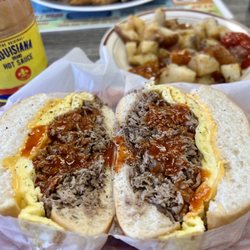 Moe's Deli - Great Steak, egg & cheese on a roll w extra steak. Home fries & hot sauce - yum
