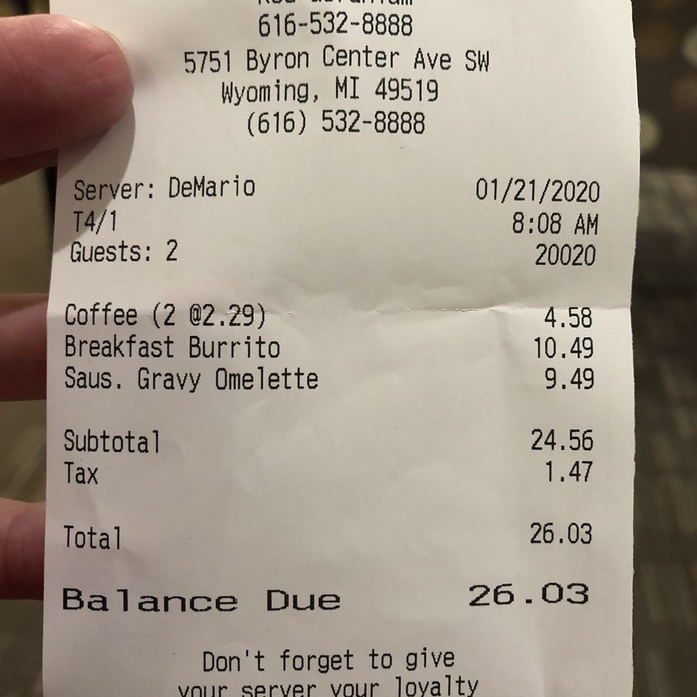 Red Geranium Cafe - Our receipt with servers name. A bit pricey but worth it. - Cafes Near Me - Wyoming, Michigan Red Geranium Cafe - Our receipt with servers name. A bit pricey but worth it. - Cafes Near Me - Wyoming, Michigan