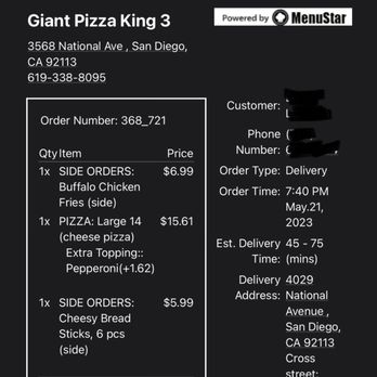 Giant Pizza King - Order confirmation - Pizza Near Me - San Diego, California Giant Pizza King - Order confirmation - Pizza Near Me - San Diego, California