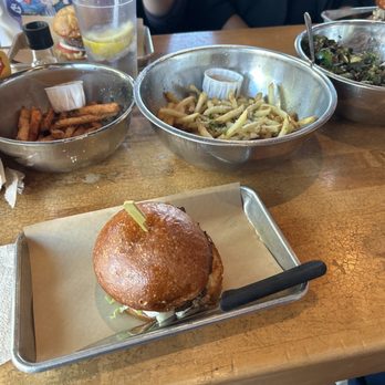 Hopdoddy Burger Bar - Magic mushroom burger, sweet potato fries, truffle fries, shaved brussel sprouts - Burgers Near Me - College Station, Texas Hopdoddy Burger Bar - Magic mushroom burger, sweet potato fries, truffle fries, shaved brussel sprouts - Burgers Near Me - College Station, Texas