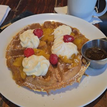 matchbox - Peaches and cream waffles with warm maple butter and fresh raspberries and peach buttercream - New American Near Me - Silver Spring, Maryland matchbox - Peaches and cream waffles with warm maple butter and fresh raspberries and peach buttercream - New American Near Me - Silver Spring, Maryland
