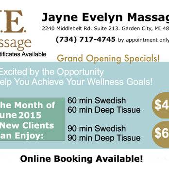Jayne Evelyn Massage - Grand Opening Special in the Month of June! - Massage Therapy Near Me - Garden City, Michigan Jayne Evelyn Massage - Grand Opening Special in the Month of June! - Massage Therapy Near Me - Garden City, Michigan