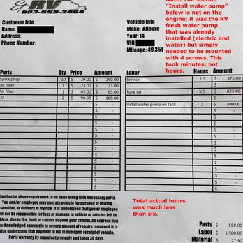 Custom Diesel & RV - This is the bill I received for a tuneup - RV Repair Near Me