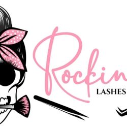 Rockin Lashes & Skin - My business logo. A skull with a facial brush in her teeth and lash extension tweezers under my business name.
