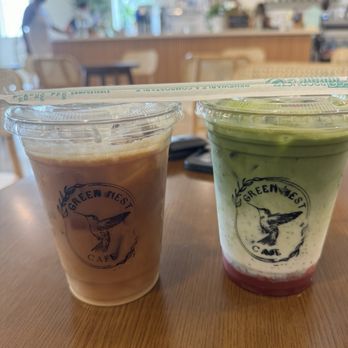 Green Nest Cafe - cold brew w/ cold foam & strawberry matcha w/ almond milk - Cafes Near Me - Bedford, Texas Green Nest Cafe - cold brew w/ cold foam & strawberry matcha w/ almond milk - Cafes Near Me - Bedford, Texas