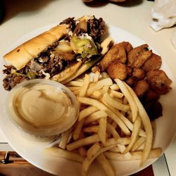 Pops Italian Beef & Sausage - Philly Cheesesteak fries, breaded mushrooms with a side of creamy garlic