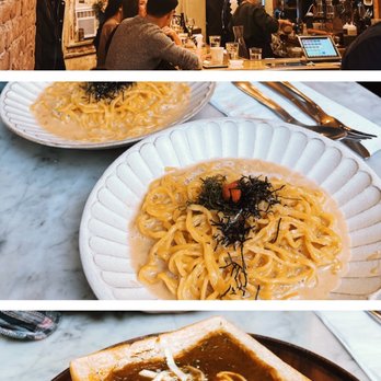 Davelle - Top- ambiance | middle - Mentai Pasta | bottom - Cheese Curry Toast - Japanese Near Me - New York, New York Davelle - Top- ambiance | middle - Mentai Pasta | bottom - Cheese Curry Toast - Japanese Near Me - New York, New York