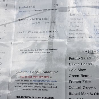 Jalen's - Menu Most recent menu from today 11/06/20. Sorry for the glare - Barbeque Near Me - Folkston, Georgia Jalen's - Menu Most recent menu from today 11/06/20. Sorry for the glare - Barbeque Near Me - Folkston, Georgia