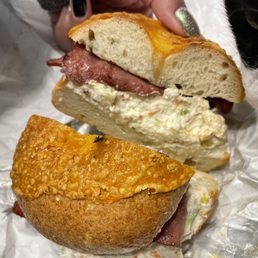 Turkey bacon with a nice schmear of veggie cream cheese on a cheddar bagel Turkey bacon with a nice schmear of veggie cream cheese on a cheddar bagel