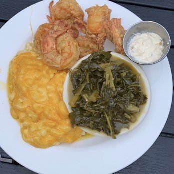 Melba's Restaurant - Fried jumbo shrimp with Creamy Trs Mac & Cheese and collard greens - Southern Near Me - New York, New York Melba's Restaurant - Fried jumbo shrimp with Creamy Trs Mac & Cheese and collard greens - Southern Near Me - New York, New York