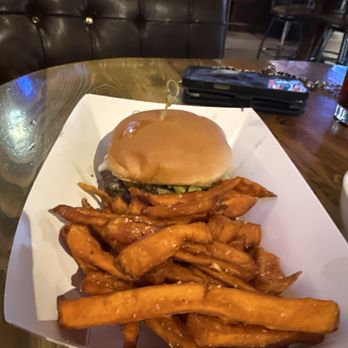 Gunsight Saloon - Bandit burger with sweet potato fries - American Near Me - Columbia Falls, Montana