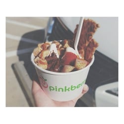Pinkberry - Medium original w/ waffle cookie, brownie bites, strawberry, cheesecake bites , one scoop of milk chocolate crunch, and caramel