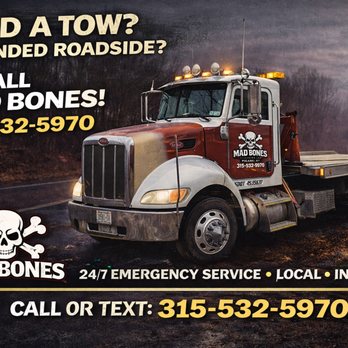 Mad Bones - Fast, reliable towing when you need it most. Licensed, insured, and DOT compliant--when you're stuck, we show up. - Towing Near Me - Pulaski, New York Mad Bones - Fast, reliable towing when you need it most. Licensed, insured, and DOT compliant--when you're stuck, we show up. - Towing Near Me - Pulaski, New York