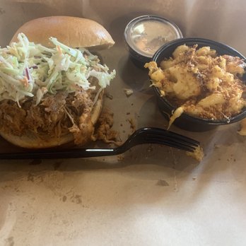 Mission BBQ - Pulled Pork Sandwich with a side of Mac& cheese & white sauce - Barbeque Near Me - Waldorf, Maryland Mission BBQ - Pulled Pork Sandwich with a side of Mac& cheese & white sauce - Barbeque Near Me - Waldorf, Maryland