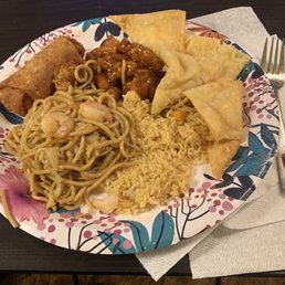 Shrimp lo mein, egg roll, General Tso chicken, crab Rangoon, chicken fried rice