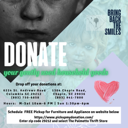 Palmetto Thrift Store Chapin - Donate for charity
Donate Furniture
Donate Appliances
Phone: (803) 941-7800